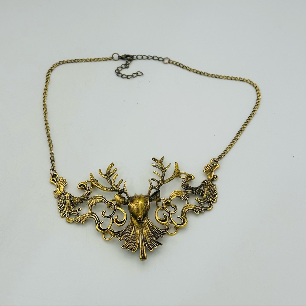 Stag of the Woods Deer Gold Tone statement necklace - Picture 9 of 13